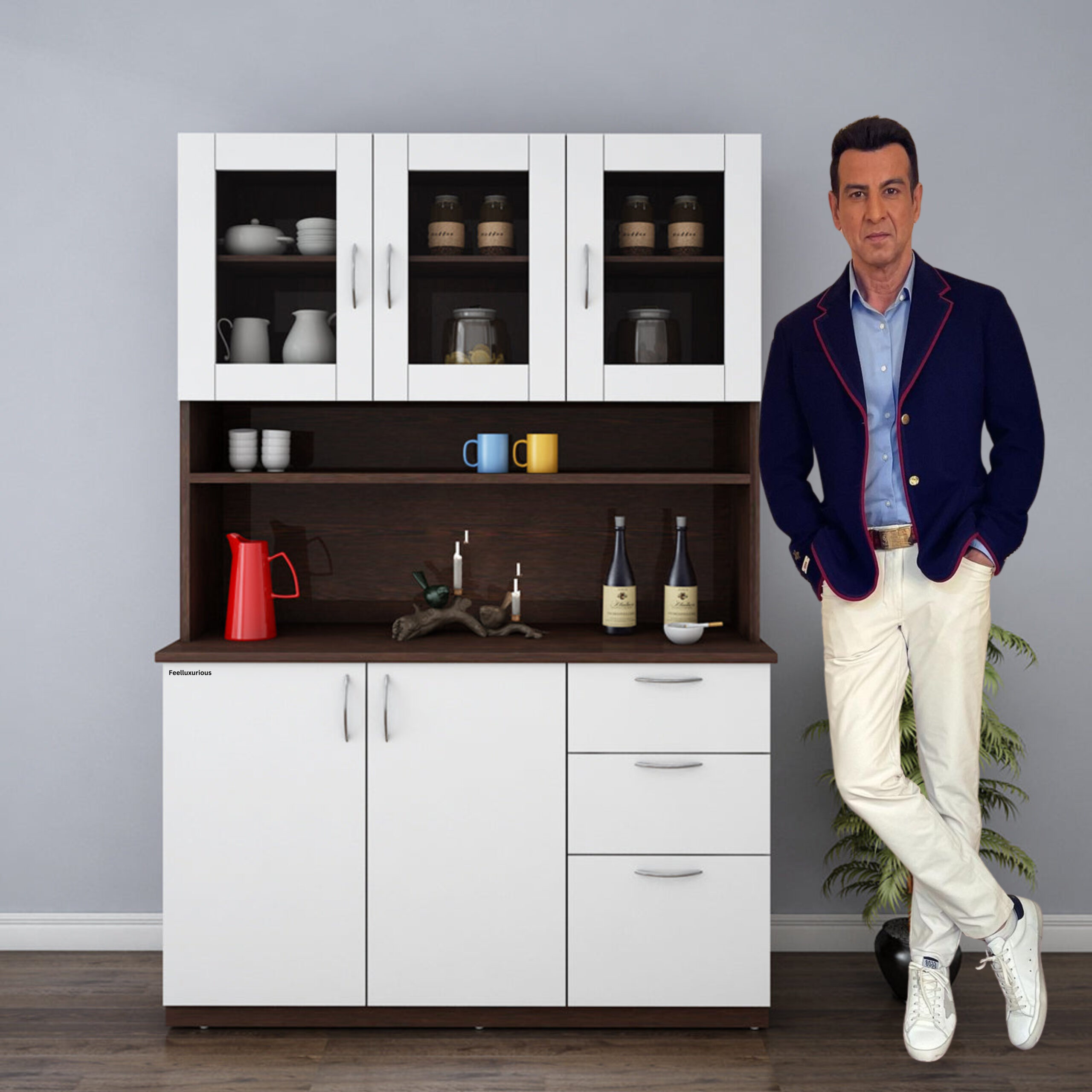 "FeelLuxurious.com Modern Wenge Frosty White Crockery Cabinet"